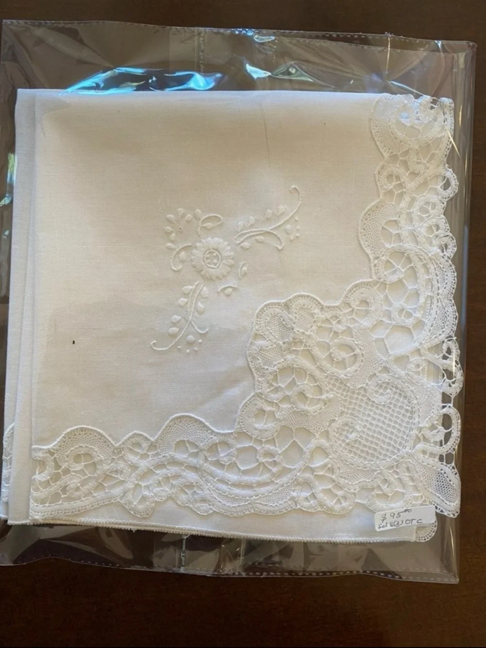 Vintage Heirloom hand Embroidered Lace-Edge White Linen Bridal Hanky